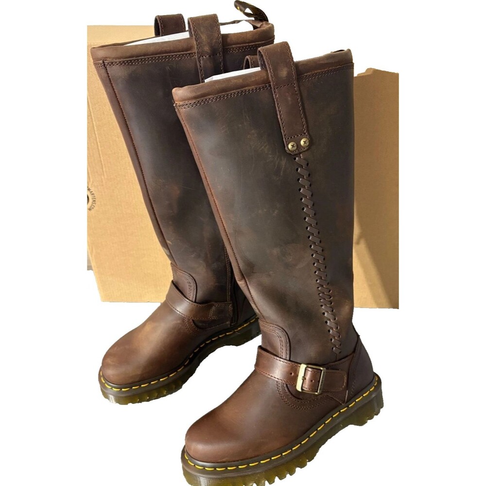DR. MARTENS ANISTONE CRAZY HORSE BROWN KNEE HIGH LEATHER BIKER BOOTS $290 US 6 - Picture 4 of 11